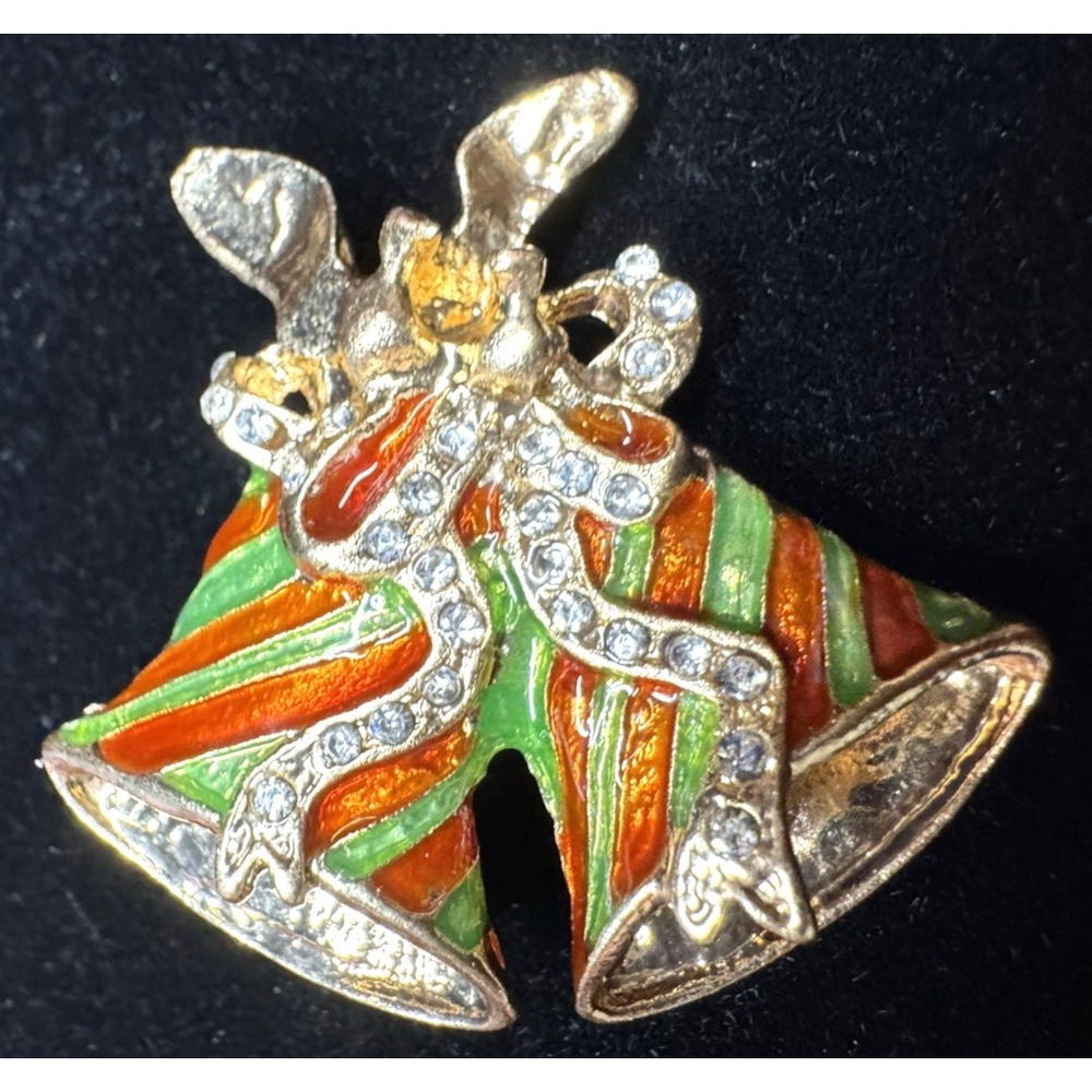Vintage Christmas Bells Brooch‎ Enamel Rhinestone Holiday Pin Gold Tone
